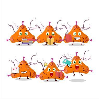 Bakteri virüsü çizgi film karakteri konsepti komik bir kitap okuyor. Vektör illüstrasyonu