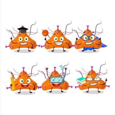 Değişik ifadeleri olan bakteri virüsü çizgi film karakteri öğrencisi. Vektör illüstrasyonu