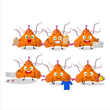 Zengin bir bakteri virüsü maskot tasarımı alışverişe gidiyor. Vektör illüstrasyonu