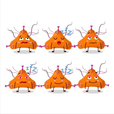 Uykulu ifadeli bakteri virüsünün çizgi film karakteri. Vektör illüstrasyonu