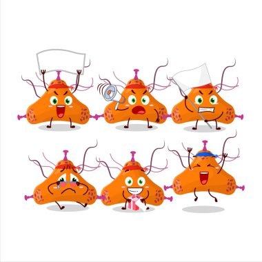 Çekici bir destekçi olarak bakteri virüsü karakterinin maskot tasarımı. Vektör illüstrasyonu