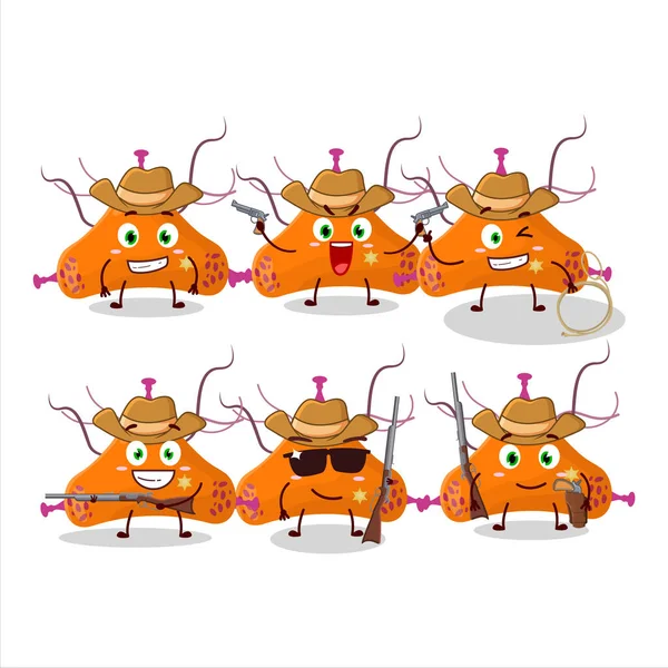 Güzel şapkalı havalı kovboy bakteri virüsü çizgi film karakteri. Vektör illüstrasyonu