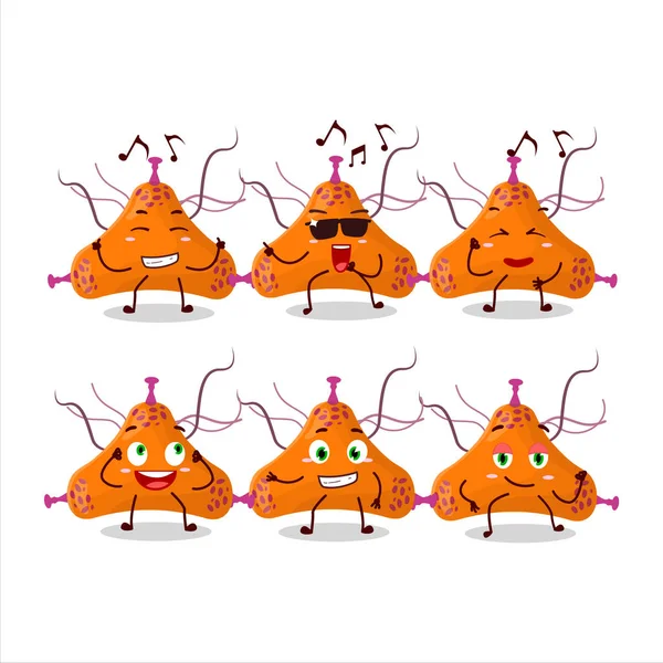 Bakteri virüsü dansçısı karikatür karakteri müziği seviyor. Vektör illüstrasyonu