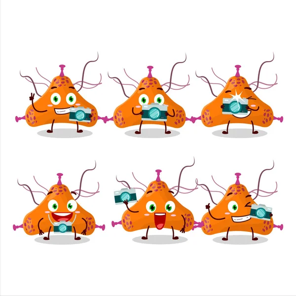 Bakteri virüsü çizgi film karakteri ile fotoğrafçılık mesleği simgesi. Vektör illüstrasyonu