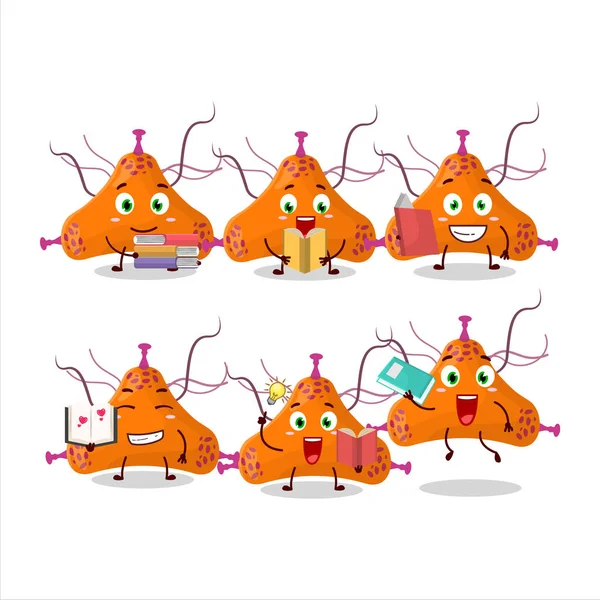 Bakteri virüsü çizgi film karakteri konsepti komik bir kitap okuyor. Vektör illüstrasyonu