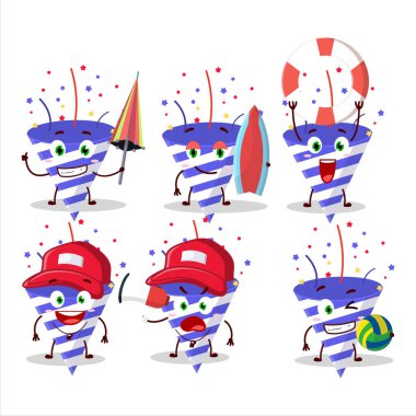 Mutlu Yüz, kumsalda oynayan mavi kestane fişeği çizgi film karakteri. Vektör illüstrasyonu