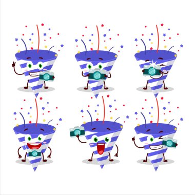 Mavi kestane fişeği çizgi film karakterli fotoğrafçı mesleği simgesi. Vektör illüstrasyonu