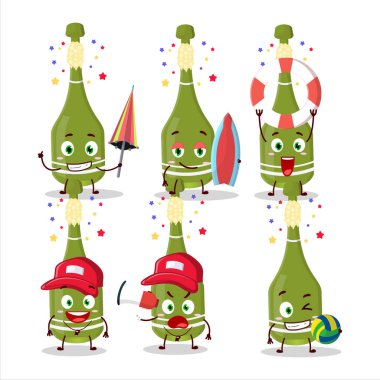 Happy Face şampanya şişesi sahilde oynayan açık çizgi film karakteri. Vektör illüstrasyonu