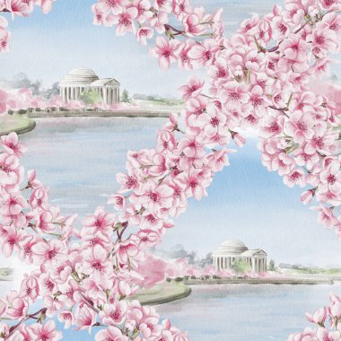 Washington 'da Kiraz Çiçeği Festivali. Sakura sırasında Jefferson Memorial 'da. Bahar çiçekleriyle kusursuz desen. Gül yaprakları ve bir anma töreni. Suluboya çizimi. El çizimi.. 