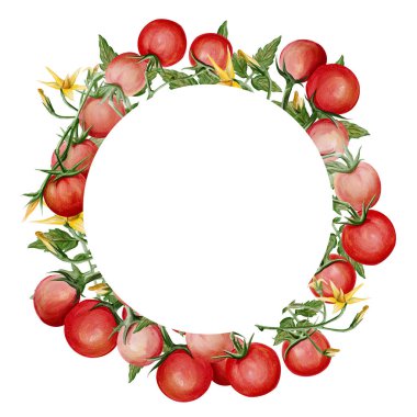 Olgun kiraz domatesli suluboya çerçeve, yeşil yapraklar ve sarı çiçekler. Kopya alanı olan botanik çelenk, etiketler, menüler, davetiyeler, paketleme ve organik tasarım projeleri için mükemmel. Yüksek kaliteli çizim. El boyası.
