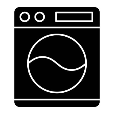 Çamaşır makinesi vektör simgesi. Siyah siluet ön yükleme çamaşır makinesi sembolü. Temizlik servisi veya ev uygulaması arayüzü için çamaşır makinesi tasarımı.