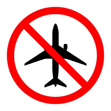Uçak vektör simgesi yok. Siyah uçak siluetinin üzerinde kırmızı yasaklama çemberi. Uçuş yasağı, yasak hava sahası, ya da seyahat uyarısı ve havacılık güvenlik tasarımı için uçuş bölgesi sembolü yok.