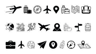 Seyahat Simgeleri Vektörü Turizm, Tatil, Seyahat, Uçak, Harita ve Bagaj Çizgisi Sembollerini Ayarla