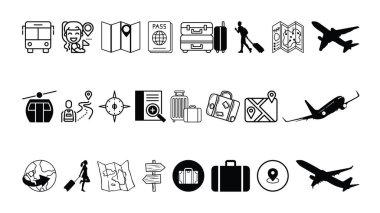 Seyahat Simgeleri Vektörü Turizm, Tatil, Seyahat, Uçak, Harita ve Bagaj Çizgisi Sembollerini Ayarla