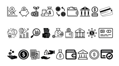 Mali Hizmetler Simgesi Seti Bankacılık, Para, Ödeme, Cüzdan ve Kredi Kartı Sembolleri