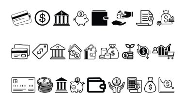 Para & Ödeme Simgeleri Koleksiyon Dijital Bankacılık, Finans, Cüzdan ve Nakit Vektör Kümesi