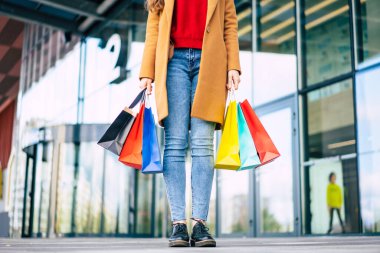 Çok sayıda renkli alışveriş çantaları olan, şık telefon ve kredi kartıyla şık bir genç bayan siyah cuma günü alışveriş merkezinde yürürken...