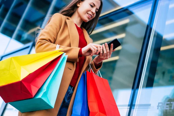 Beautiful Trendy Young Woman Many Colorful Shopping Bags Good Mood — Stock Photo, Image