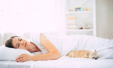 Güzel, genç esmer kadın evde dinlenirken küçük sevimli köpeğiyle büyük beyaz bir yatakta uzanıyor.