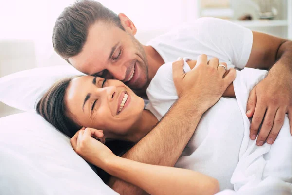 Happy Cute Young Beautiful Couple Love Hugging Each Other Having — Stock Photo, Image