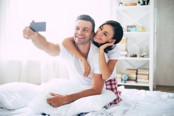 Excited Happy Young Smiling Beautiful Couple Love Relaxing Home Bed — Stock Photo, Image