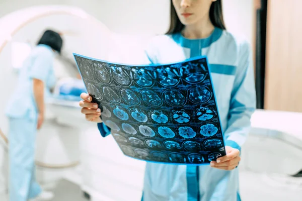Confident Experienced Professional Oncologist Looking Magnetic Resonance Imaging Scan Results — Stock Photo, Image