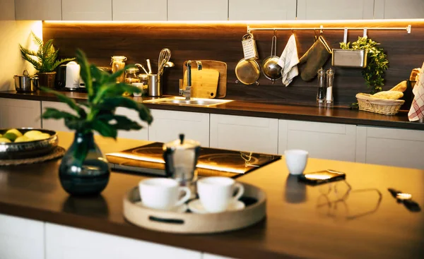 Modern Technology Kitchen New Luxury Home Wooden Island Hardwood Floors — Stock Photo, Image
