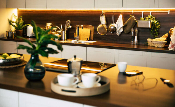 Современная и технологичная кухня в новом роскошном доме с деревянным островом, полами из лиственных пород, шкафами из белого дерева и стальными шкафами. Концепция дизайна и интерьера