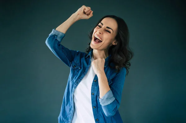 Beautiful Excited Happy Winner Woman Shouting Celebrating Gray Background — Stock Photo, Image