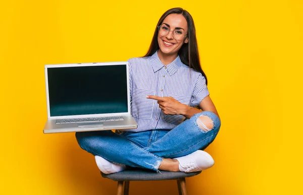 Young Beautiful Modern Woman Sitting Chair Laptop Her Hands While — Stock fotografie