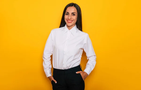 Modern Happy Successful Confident Business Woman White Shirt Posing Yellow — Stock fotografie