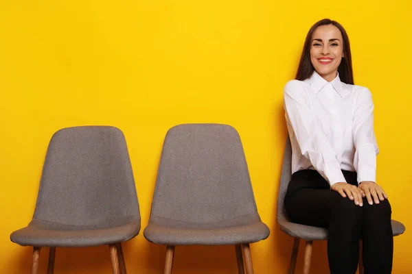 Cute Stylish Modern Brunette Woman Sitting Chairs Line Job Interview — Stock fotografie