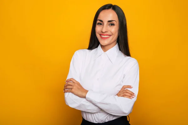 Modern Happy Successful Confident Business Woman White Shirt Posing Yellow — Stock fotografie
