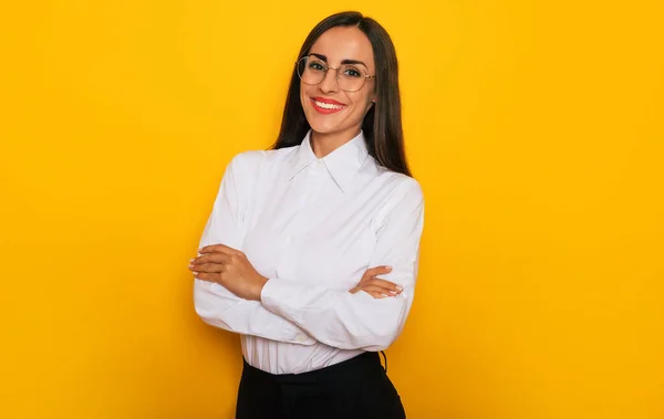 Modern Happy Successful Confident Business Woman White Shirt Eyeglasses Posing — Zdjęcie stockowe