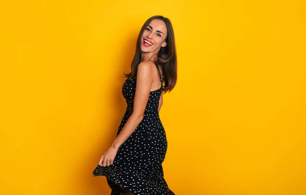 Happy Excited Gorgeous Smiling Brunette Woman Black Summer Dress Dancing — Zdjęcie stockowe