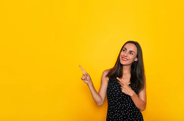 Happy Excited Gorgeous Smiling Brunette Woman Black Summer Dress Posing — Stockfoto