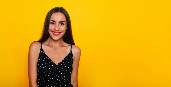 Happy Excited Gorgeous Smiling Brunette Woman Black Summer Dress Posing — Stock fotografie