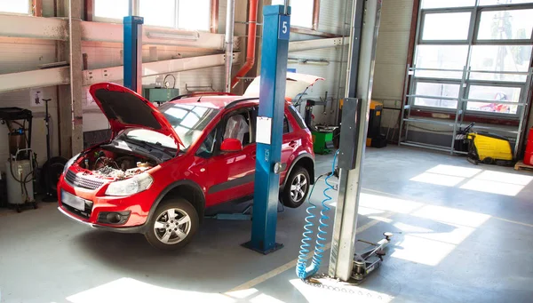 Çok sayıda asansörü ve teşhis ve servis onarım araçları için özel donanımları olan modern araba tamir istasyonu