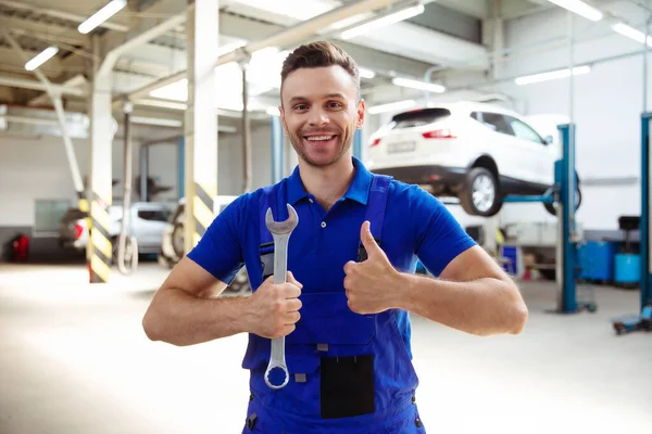 Confident Handsome Young Experienced Car Repair Worker Work Overalls Posing — Stock Photo, Image