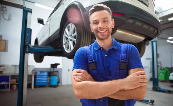 Confident Handsome Young Experienced Car Repair Worker Work Overalls Posing — Stock Photo, Image