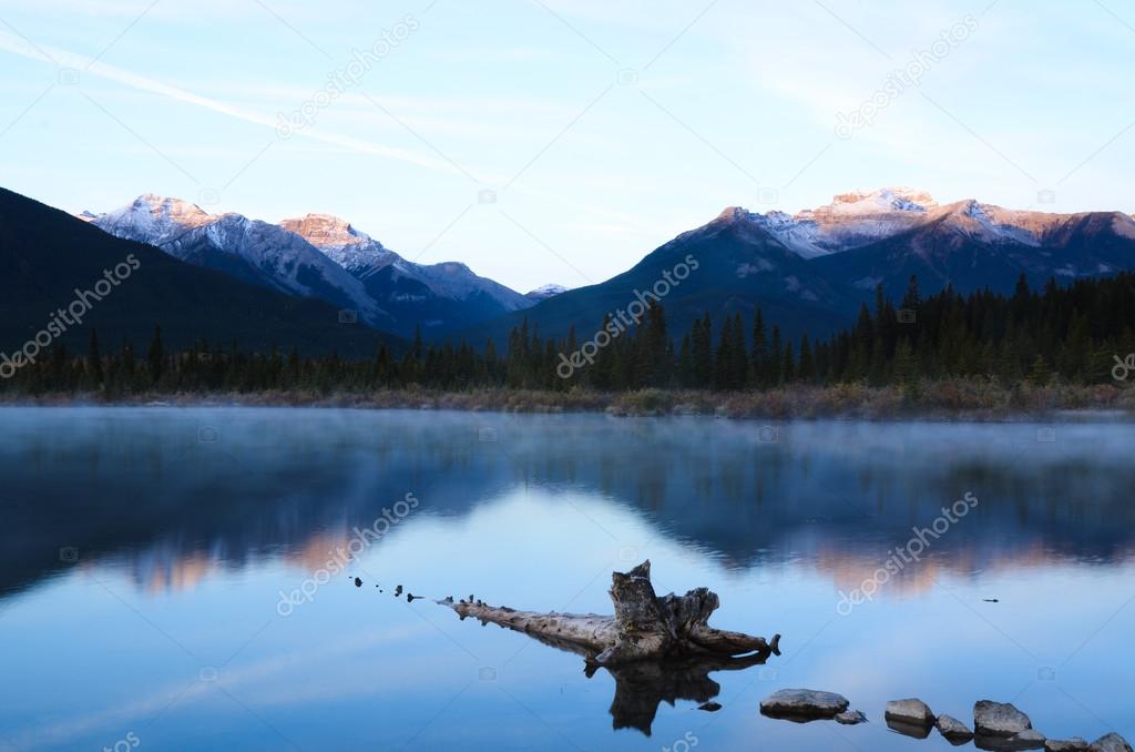 Vermilion Lake and the Mountains Shined by the Morning Sun in Autumn Morning, Canadian Rockies