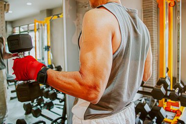 Spor salonunda vücut geliştirici olarak spor salonunda çalışan insan eli dambılı tutuyor.
