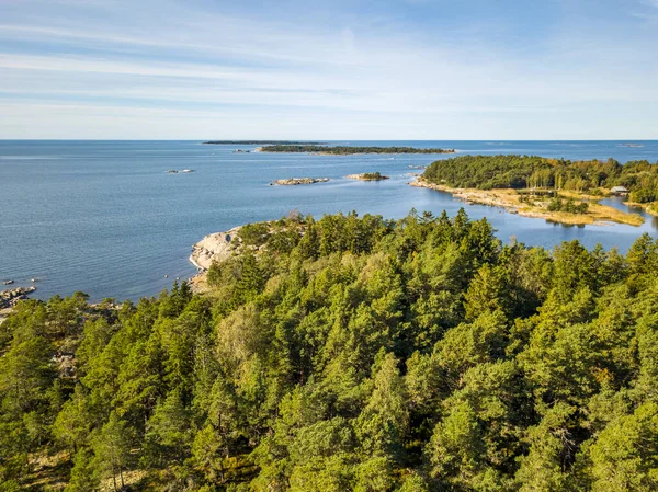 Sahil manzarası. Yeşil ormanlar ve mavi denizle çevrili küçük adalar. Temiz bir gökyüzü altında saf İskandinav doğası ve deniz dinginliği.