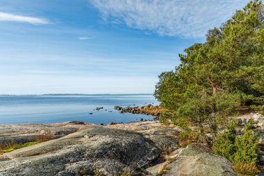 Engebeli granit kayaları, yeşil çam ağaçları ve berrak bir gökyüzü altında sakin mavi Baltık Denizi sularıyla güneşli İskandinav takımadaları kıyısı. Barışçıl İskandinav doğa sahnesi.