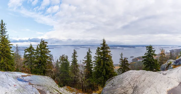 Finlandiya 'daki Koli Ulusal Parkı' nın panoramik manzarası, dramatik bir gökyüzü altında Pielinen Gölü 'nü adalar, çam ormanları ve granit kayalarla gösteriyor. Tam anlamıyla İskandinav doğal güzelliği..