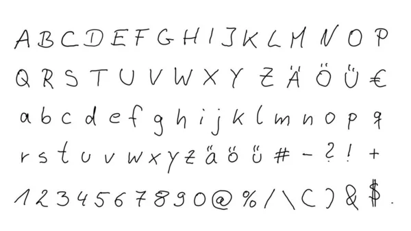 Almanca için harf, sayı ve özel sayılar içeren el çizimi alfabe kümesi