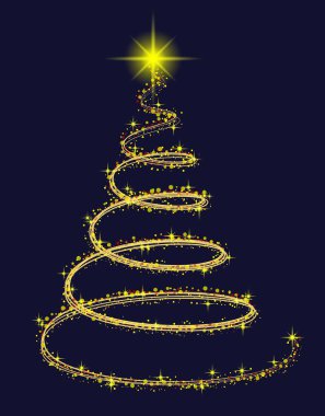 Mavi arka planda altın renkli yıldızlı üç boyutlu soyut bir Noel ağacı