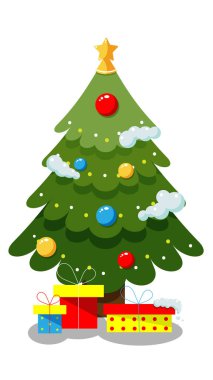 Renkli hediyeli Noel ağacı, süsler, kar ve transparan arka planı olan en iyi yıldız.