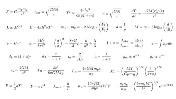 Набор из 30 основных астрофизических формул и уравнений, включая гравитацию, звёздную структуру, космологию, чёрные дыры и радиационные законы. Идеально подходит для научных визуальных эффектов, прозрачный фон