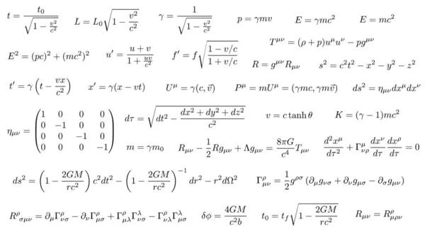 Einstein alan denklemleri, Lorentz dönüşümleri ve uzay-zaman eğriliği de dahil olmak üzere özel ve genel görecelikten 30 ünlü denklem kümesi. Şeffaf arkaplan